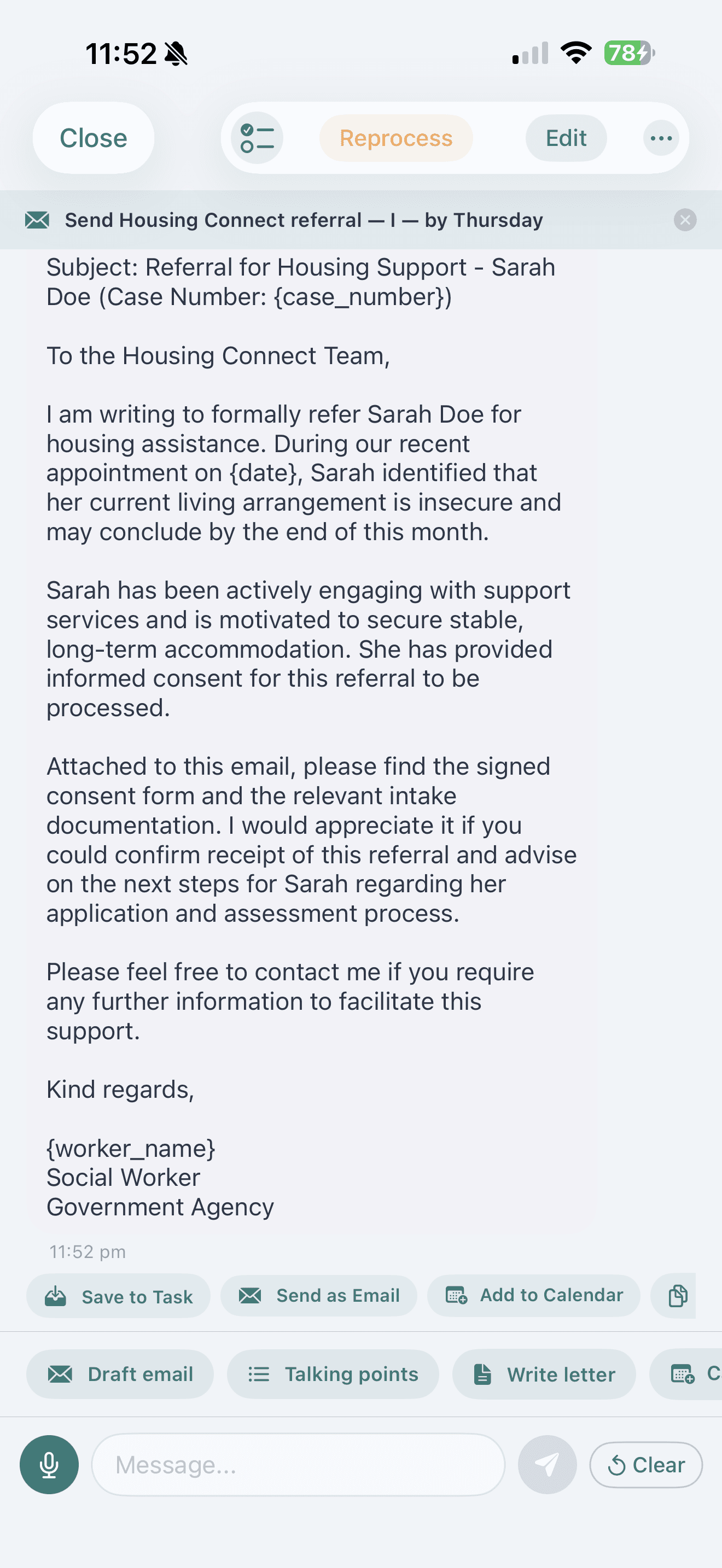 CasenotePRO's AI assistant drafting a follow-up referral email, with buttons to save it as a task, send it as an email, or add it to a calendar