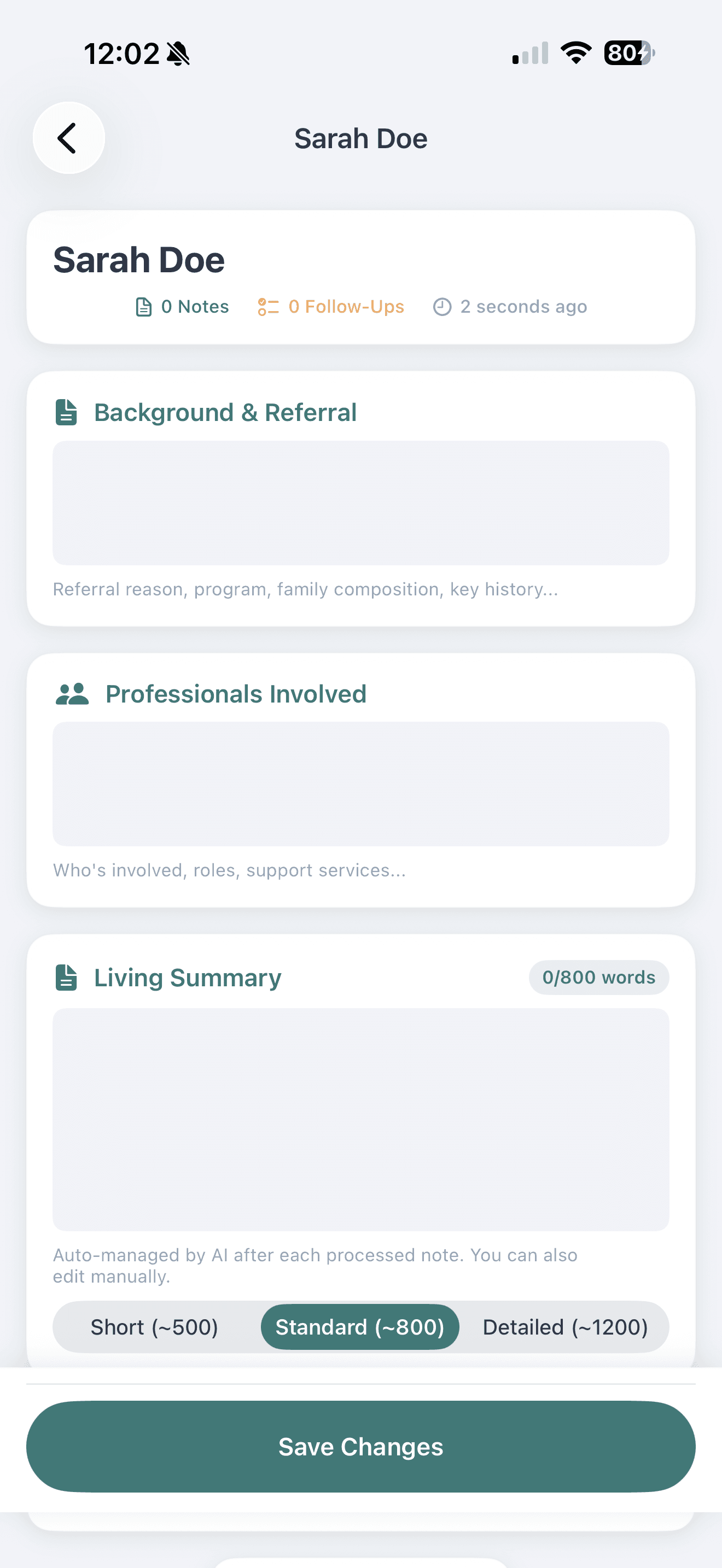 A CasenotePRO family profile for a client, showing Background & Referral, Professionals Involved, and an AI-managed Living Summary